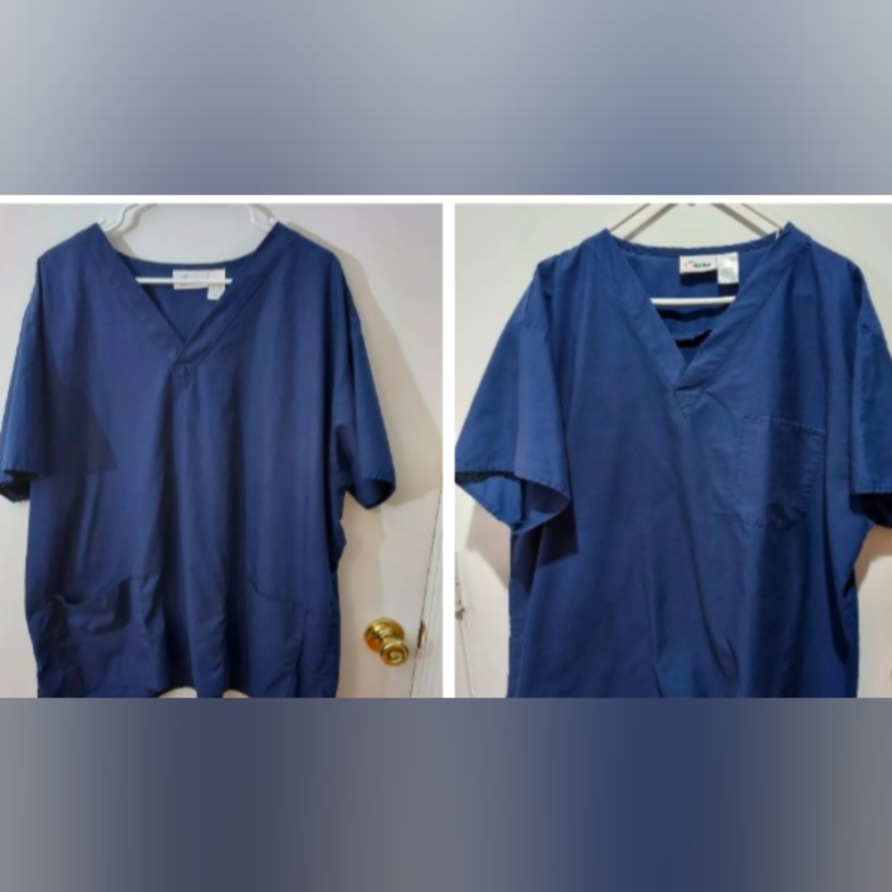 TWO Women's Scrubs Top, Blue.  Apple Life. #5110 & 5114. Size 2X. "V" neck